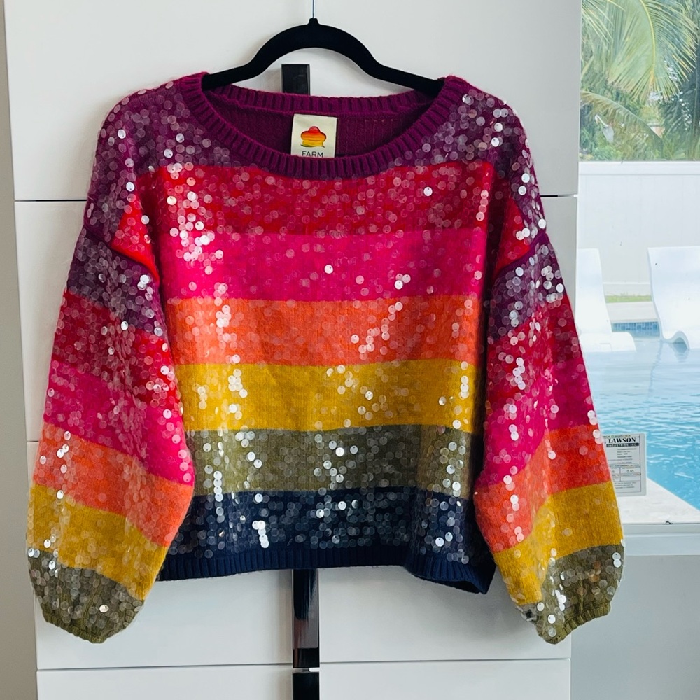 Farm Rio - Rainbow stripe sequin pullover sweater size S